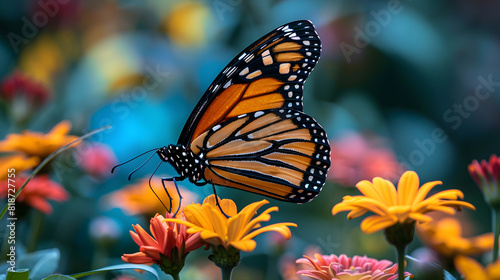 A monarch butterfly, with vibrant flowers as the background, during spring migration © CanvasPixelDreams