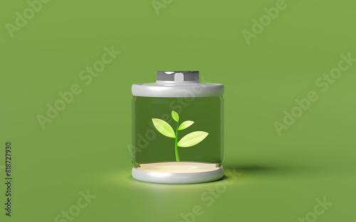 alkaline battery charge indicator with tree isolated on green background. charging battery technology concept, 3d illustration render