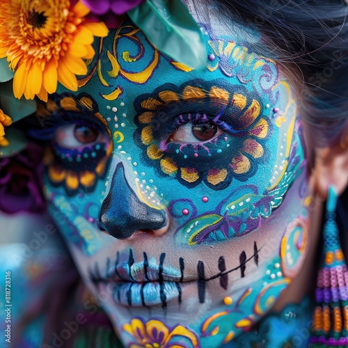 Young Latina woman in detailed Calavera Catrina face paint