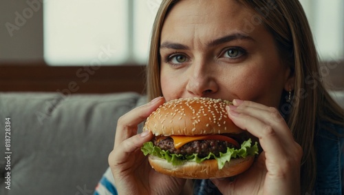 Woman Enjoying a Hamburger on a Couch