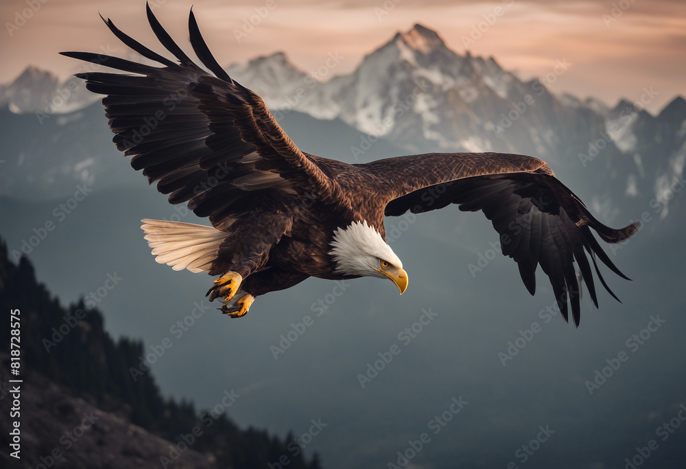 A majestic eagle soaring above a rugged mountain range at dusk
A majestic eagle soaring above a rugged mountain range at dusk