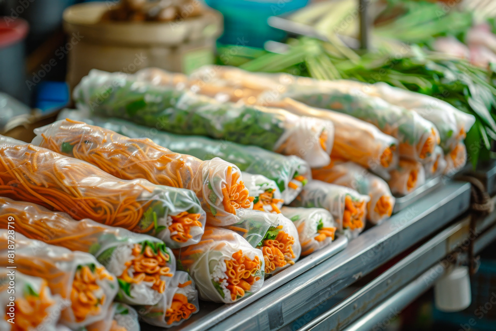 Fresh Spring Rolls on Display at Market Stand with Vibrant Vegetables Fresh Spring Rolls on Display at Market Stand with Vibrant Vegetables