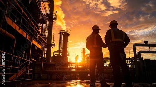 Silhouette of two engineers in front of oil refinery plant