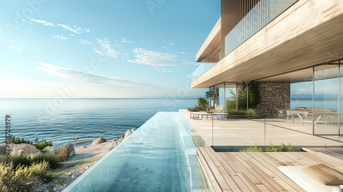 Seashore with futuristic house in the sun