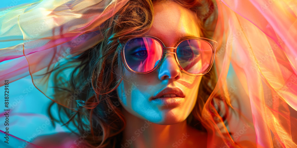 Obraz premium Vibrant Portrait of Woman with Sunglasses in Colorful Neon Light and Sheer Fabric