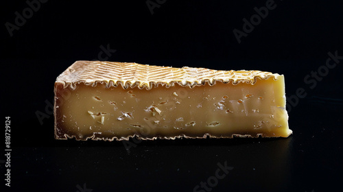 A slice of manchego cheese with its characteristic zigzag rind pattern, set against a black background. photo