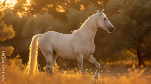 Image of a white horse standing in a field of tall grass. The horse is facing away from the camera and is backlit by the setting sun.