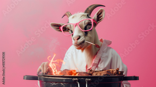 funny eid ul adha concept, goat having a bbq barbecue on eid al adha, bakra eid