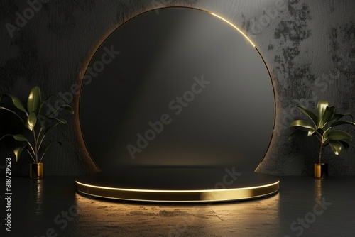 Gold and black theme podium Sleek black podium with gold trim, under a spotlight, ideal for presenting luxury watches or jewelry photo
