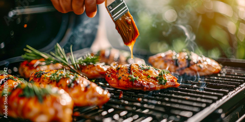 Grilled Chicken Barbecue Juicy Marinated Chicken with Herbs on Outdoor Grill photo