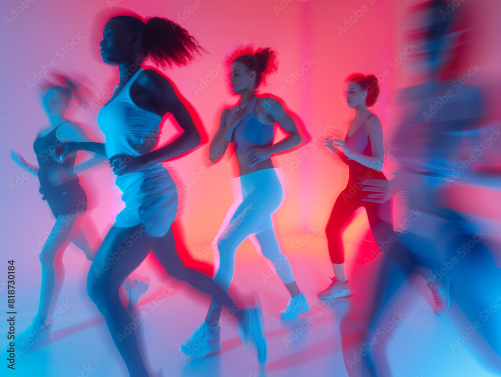 A group of women are running in a blur, with one woman in the foreground and the others in the background. Concept of movement and energy, as the women are all running at different speeds A group of women are running in a blur, with one woman in the foreground and the others in the background. Concept of movement and energy, as the women are all running at different speeds