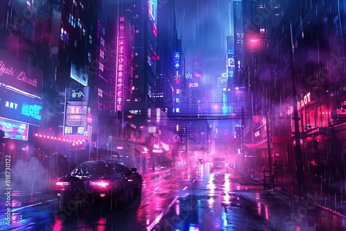 captivating night city street scene neon lights and cyberpunk vibes digital illustration © Lucija