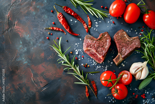 Raw Beef Steaks with Fresh Herbs, Garlic, Tomatoes, and Red Chili Peppers on Stone Background