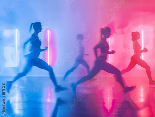A group of women are running in a neon colored room. Scene is energetic and lively