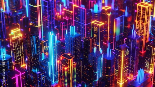 A stunning 3D rendering of a futuristic city at night. The city is full of towering skyscrapers and bright lights.