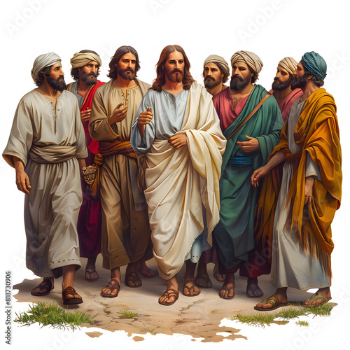Jesus' relationships with his disciples isolated on white background, detailed, png 