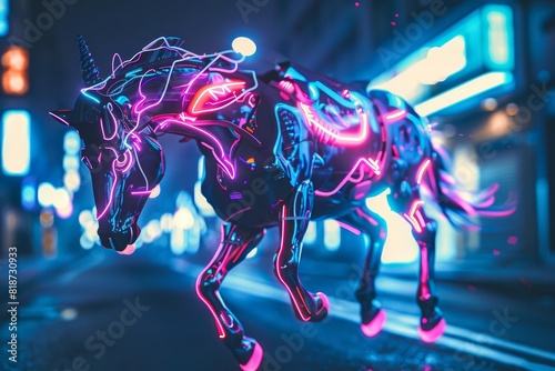 centaur warrior futuristic tech robot cyborg human hybrid scifi character concept neon glowing highlights mechanical cyberpunk  photo