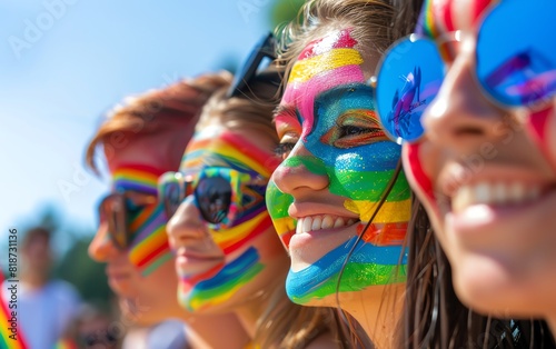 A group of friends with rainbow face paint enjoying Pride festivities, close up, joy theme, vibrant, Multilayer, a sunny day as backdrop