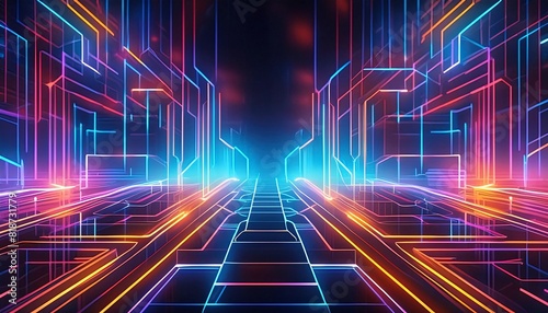Futuristic cube with neon lights, perfect for tech or innovation concepts. Ideal for digital backgrounds, technologythemed designs, and futuristic presentations. Generative AI