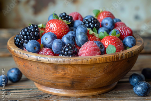 Fresh and Vibrant Mixed Berries in Rustic Wooden Bowl