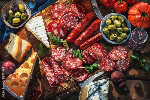 charcuterie meat cheese olives produce overhead abundance fresh platter appetizer party delicacy food illustration digital painting  photo