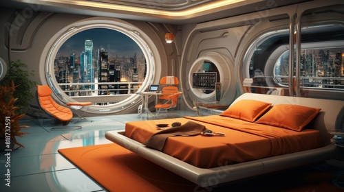 a futuristic hotel room