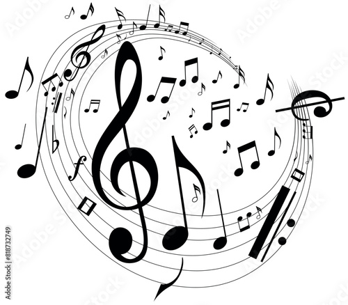 Drawing of Whirling Music Notes - Artistic Black and White Illustration Isolated on White Background
