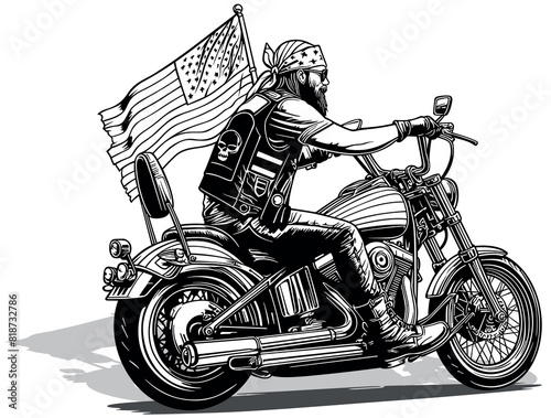 Drawing of a US Biker on a Strong Motorcycle - Black and White Illustration with a American Rider from a Side View