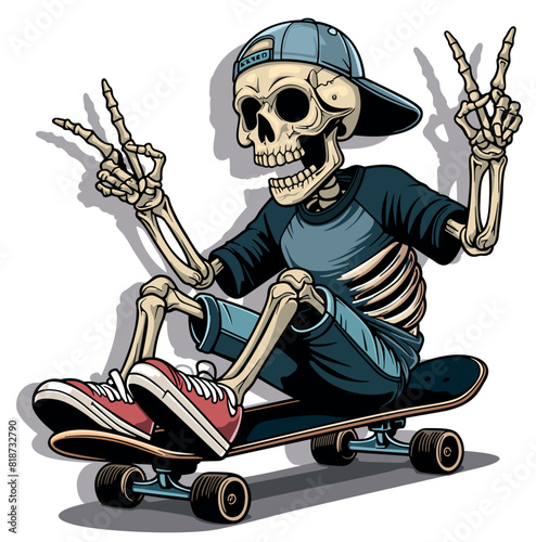 Skeleton Sitting on a Skateboard - Colored Illustration or Textile Print Motif Isolated on White Background
