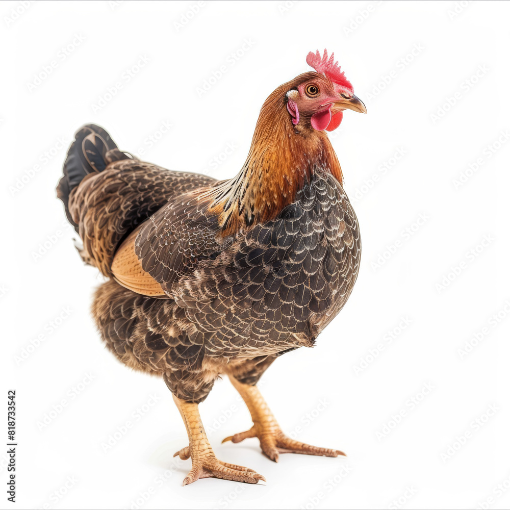 A chicken with a red beak stands on a white background. The chicken is brown and black with a red head A chicken with a red beak stands on a white background. The chicken is brown and black with a red head