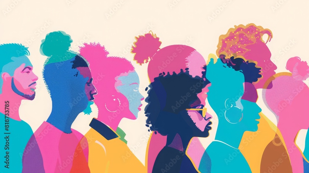 Colorful silhouettes of a diverse and multicultural community. Illustration of a multiethnic group of people, portrais Colorful silhouettes of a diverse and multicultural community. Illustration of a multiethnic group of people, portrais