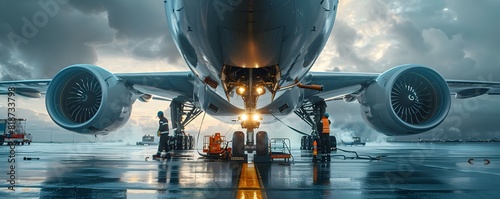 Plakat w ramie Airplane Maintenance Crew Performing Repairs on Jet Engine During Stormy Runway Conditions