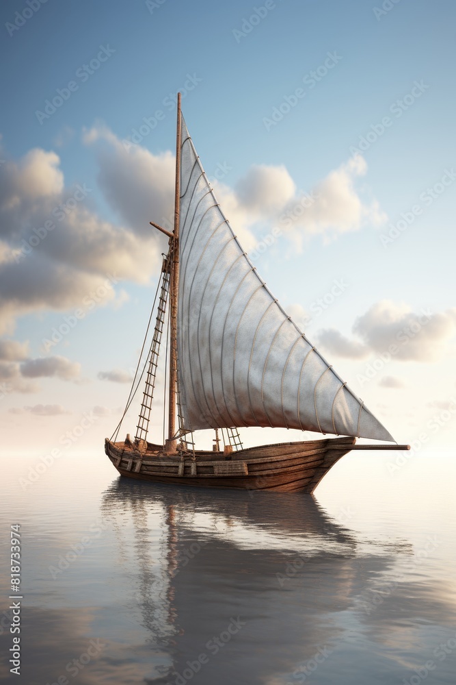 3D model of an ancient sailboat on a plain background 