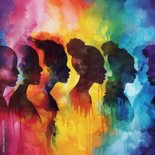 Colorful silhouettes of a diverse and multicultural community. Illustration of a multiethnic group of people, portrais