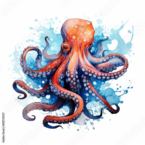Giant pacific octopus. Watercolor ocean creature illustration isolated on a white background. Cute underwater tentacles monster.