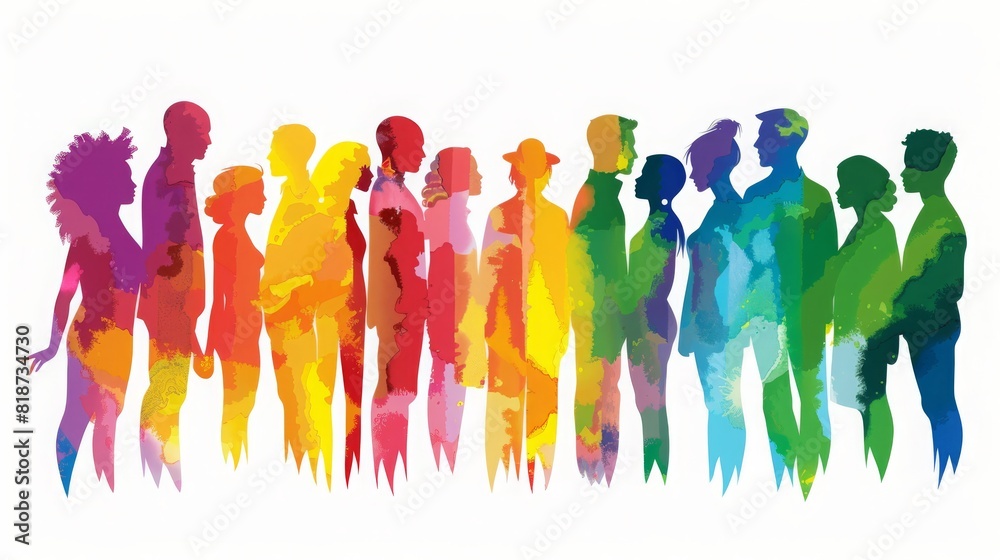 Colorful silhouettes of a diverse and multicultural community. Illustration of a multiethnic group of people, portrais