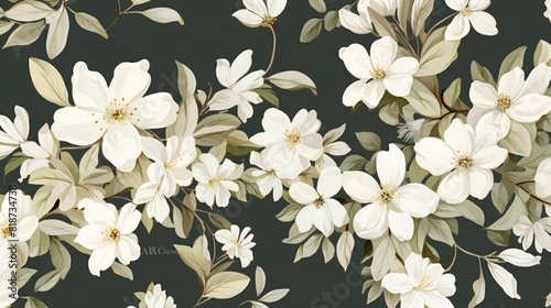 Fototapeta Naklejka Na Ścianę i Meble -  Vintage-inspired watercolor floral design showcasing white flowers and foliage, creating a timeless and luxurious seamless pattern