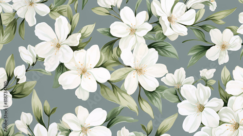 Fototapeta Naklejka Na Ścianę i Meble -  Vintage-inspired watercolor floral design showcasing white flowers and foliage, creating a timeless and luxurious seamless pattern