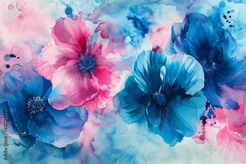 A watercolor painting of pink and blue flowers photo