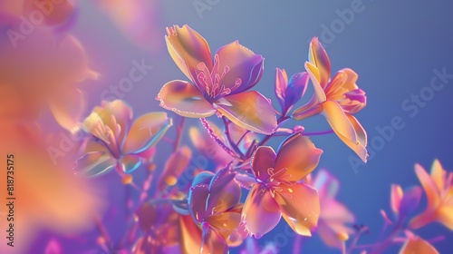 3D rendering of pink and yellow flowers with a blue background. The flowers are in focus  while the background is blurred.