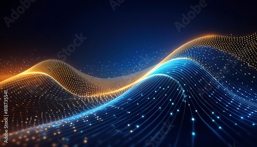 Shiny dot line wave of light on dark background suitable for abstract backgrounds, technology concepts, futuristic designs, energy themes, and dynamic visuals. Generative AI photo
