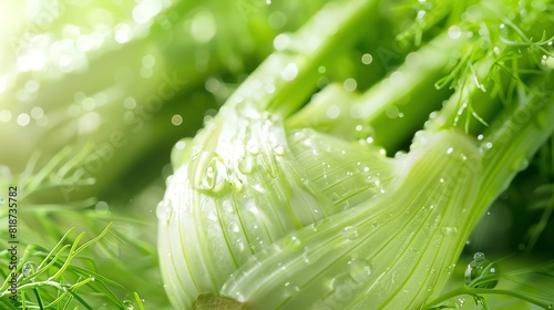 Close-up of fresh green fennel bulb with water drops. photo