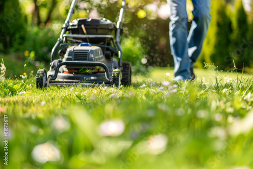 A man is walking behind a lawn mower. The grass is green and the flowers are in bloom