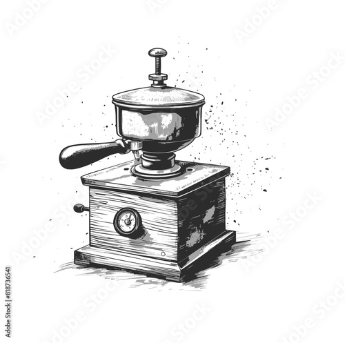 Hand coffee grinder icon on light background. Breakfast symbol. Vintage, old, coffee beans, kitchen, coffee shop, cafe. Outline, flat and colored style. Flat design. Vector illustration. 