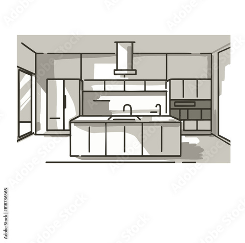 Architectural linear sketch interior small kitchen front view
