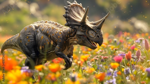 Dinosaur: A playful Triceratops running through a meadow of flowers