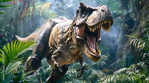Dinosaur  A towering T-Rex roaring in a prehistoric jungle