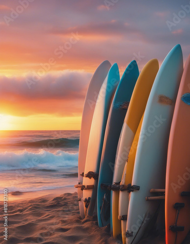 A set of surfboards resting against the vibrant sunset over the ocean 