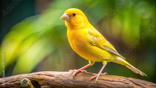 Top view of a yellow canary bird perched on a wooden branch, exuding grace and beauty photo