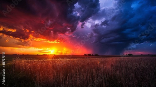 A dramatic sunset interrupted by a looming storm, with dark clouds encroaching on the vibrant colors of the setting sun, casting an ominous shadow over the landscape © ENJOINZ